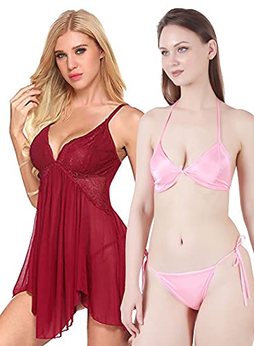 Image of Love Maker Lace Net Stylish Women Nightwear with Cotton Bra Panty Set for Women, Non Padded Bra Panty Set for Women & Night Wear Honeymoon Nighty for Women.