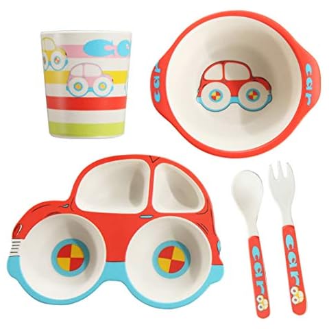 HYOATREA Kids Dinnerware Set, 5 Piece Car Shaped Plate and Bowl Set, Divided Plates with Spoon and Fork, Picky Eater Friendly, Dishwasher Safe, Gift for Toddlers Cover