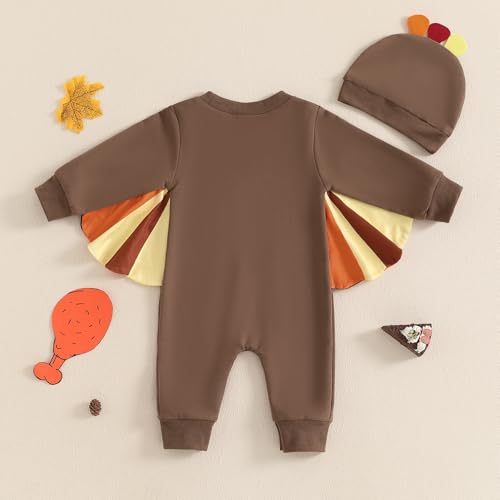 Newborn Baby Boy Girl Thanksgiving Jumpsuit Turkey Print Long Sleeve Bubble Romper Crest Hat Infant 2Pcs Fall Outfits3