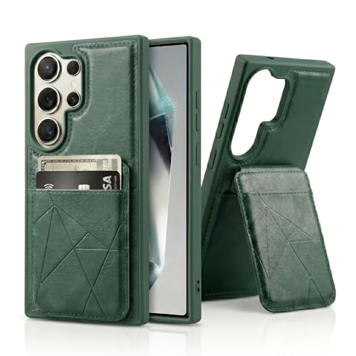 Image of amazon basics Premium Vegan Leather Back Cover with Card Holder and Integrated Mobile Stand for Samsung Galaxy S24 Ultra 5G - Slim Shockproof Wallet Case with Geometric Stitching [Green]