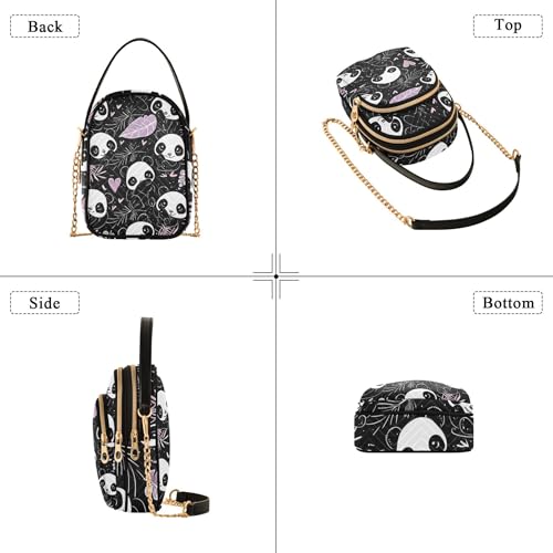 Woman Shoulder Handbag Quilted Phone Bags with Chain Strap Floral Zipper Crossbody Bowler Bag Cute Pandas Black4