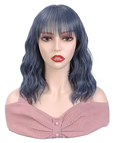 Wigs for Women with Bangs Black Bob Wig Short Curly Wavy Cheap Wigs Synthetic Colorful Wig for Daily Party Use 12 Inch Shoulder Length Costume Wigs Alicoco (12inch, BlueGrey)