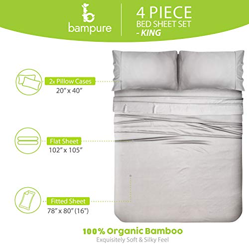 Bampure Bamboo Sheets King Size - 100% Organic Bamboo - 4Pc Set - Superior Soft & Cooling Sheets - Up To 16’’ Deep Pocket - Luxury Series - 1 Flat Sheet,1 Fitted Sheet,2 Pillowcases (King Light Grey) #TOP2