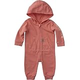 Carhartt Baby Long Sleeve Re-Engineered Garment Dye Hooded Coverall – Heavyweight Cotton French Terry Zip One-Piece with Rib-Knit Cuffs and Pockets, Peach Pink, 9M