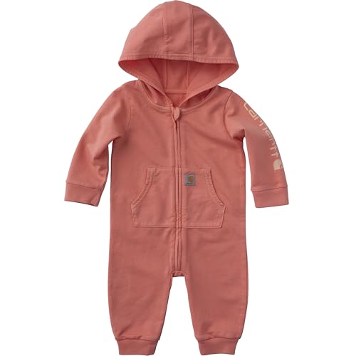 Carhartt Baby Long Sleeve Re-Engineered Garment Dye Hooded Coverall – Heavyweight Cotton French Terry Zip One-Piece with Rib-Knit Cuffs and Pockets, Peach Pink, 9M
