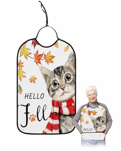 LEOKOTI Hello Fall Cat Adult Bibs for Eating, Waterproof Bibs with Food Catcher & Adjustable Snap Closure, Thanksgiving Maple Leaf Orange Washable Clothing Protectors Adult Bibs for Elderly Women/Men