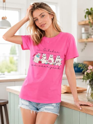 Image of Breast Cancer Shirts for Women Pink Ribbon Shirt Breast Cancer Survivor Tee | Pink Breast Cancer Shirt In October We Wear Pink Tee Breast Cancer Awareness Shirts Halloween Ghost Graphic Short Sleeve Top