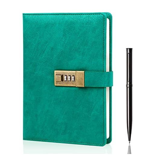 WEMATE Diary with Lock, A5 PU Leather Journal with Lock 240 Pages, Lock Journal Password Notebook with Pen & Gift Box, Lock Diary for Men and Women, 8.6x5.8in Green