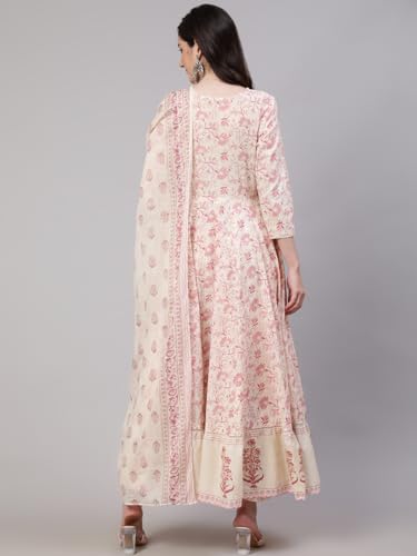 Image of Mizaz Women Printed Embroidered Cotton Round Neck 3 /4 Sleeve Ankle Length Flared Kurta Pant And Dupatta Set (MZ1038OFFWHITE P)