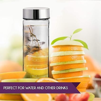 Image of CROCO JAR Wide Mouth Glass Water Bottle with Leak-Proof Airtight Double Layer Stainless Steel Lid for Water, Smoothie, Juices - 750ml (Set Of 4)