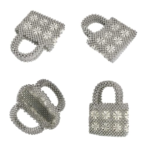 Image of Women Beaded Handbags Elegant Handmade Weave Purse Crystal Pearl String Tote Bags for Banquet Wedding Cocktail