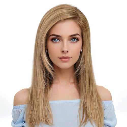 Image of KKU 18 Inch Brown and Gold Ombre Human Hair Wigs for Women,Human Hair Wigs With Bangs,Lace Front Wigs Human Hair