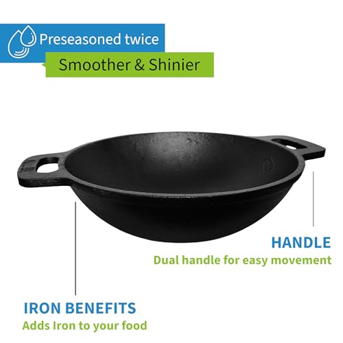 Image of EARTHFIT Cast Iron Kadai 8 Inches with Twin Handles | Durable Iron Kadhai for Cooking and Deep Frying | Pre-Seasoned Kadai Cast Iron for Healthy Cooking