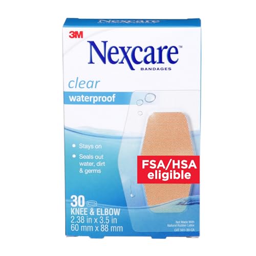 Nexcare Waterproof Clear Bandages For Knee And Elbow, Stays On Skin In The Bath, Shower Or Pool, 2.38 x 3.5 in, 30 Count