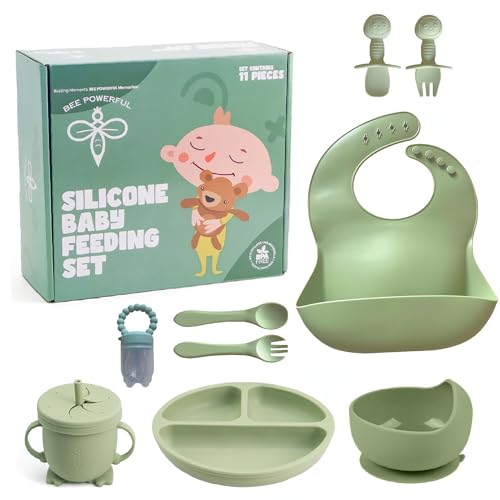 BEE POWERFUL Vajilla Bebe Silicona - Platos Bebe, Plato Bebe Ventosa, Vajilla Infantil, Plato Antivuelco Bebe, Cubiertos Bebe, Cuchara y Tenedor Bebe para Aprendizaje, 11 Piezas de Vajilla Bebe