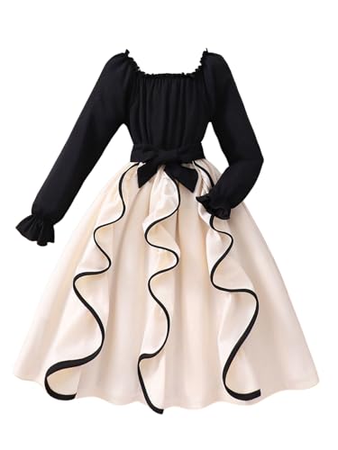 Verdusa Girl's Bow Color Block A Line Dresses Square Neck Long Sleeve Flowy Ruffle Dress
