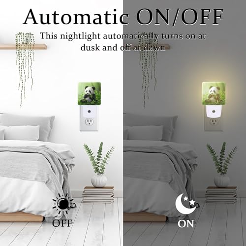 Image of Cute Panda Eating Bamboo Night Light, Natural Animal Green Leaves Dusk to Dawn Night Light Plug in, 0.5W Energy Saving Sleep Friendly NightLight for Kids Boys Girls Home Decor