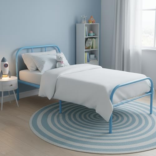 FurnitureR Cadre de Lit en Métal Simple et Coloré avec Lattes et Tête de Lit pour Chambre à Coucher Junior, Compatible avec Matelas 190x90cm, Bleu
