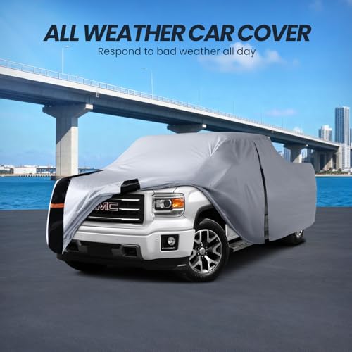 Image of Multi-Layer GMC Sierra Truck Cover, Custom fit Sierra 2002-2018 Regular Cab Long Bed(8.15') Car Cover Waterproof All Weather, Full Exterior Cover Rain Wind Dust and UV Protection with Door Zipper