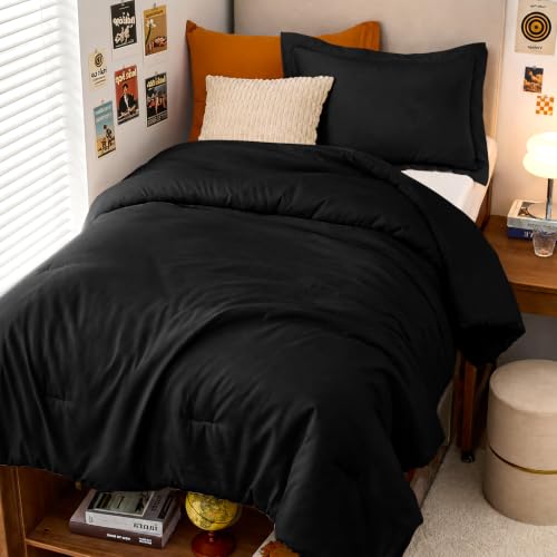 Image of MUXHOMO Black Twin /Twin XL Comforter Set, All Season Ultra Soft Down Alternative Bedding - 3 Piece Lightweight Bed Set Includes 1 Comforter (68 inchx88 inch) and 1 Pillow Shams (20 inchx26 inch)
