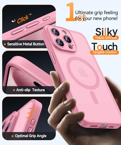 Image of CANSHN Magnetic Compatible with iPhone 15 Pro Case, Upgraded [Full Camera Protection] [Compatible with Magsafe] [Translucent Matte] Shockproof Protective Phone Case Cover 6.1 Inch - Pink