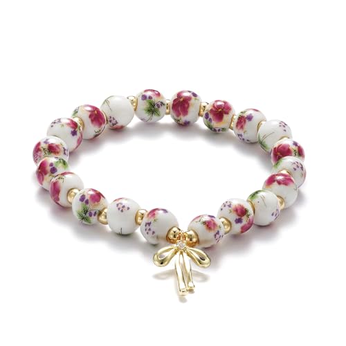 Beaded Bracelets for Women,Bow Charm Red Flower Gold Plated Jewelry Women by Agromusk - Used condition - Image 2