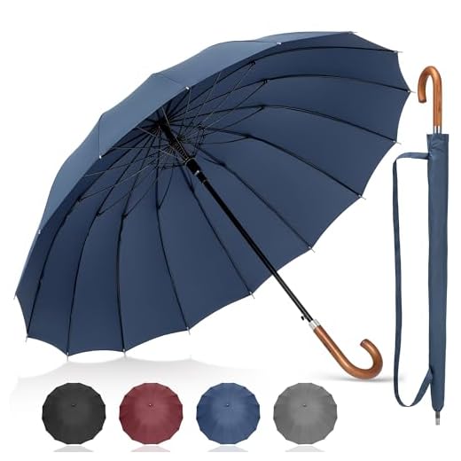 NINEMAX Large Stick Umbrella Windproof Strong,16 Ribs with Wooden Handle,Heavy Duty Gents for Men Women (Navy Blue)