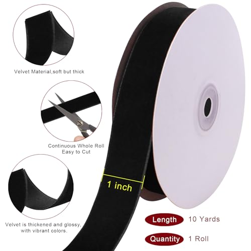 Image of Tsorode 10 Yards Black Velvet Ribbon 1 Inch for Christmas Tree,Velvet Christmas Ribbon for Gift Wrapping Crafts Bow Wreath Holiday Decorations (Black, 1 inch-10 Yard)