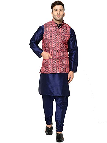 Image of SAIFOO Men's Silk Navy Blue Kurta Pyjama & Printed Nehru Jacket