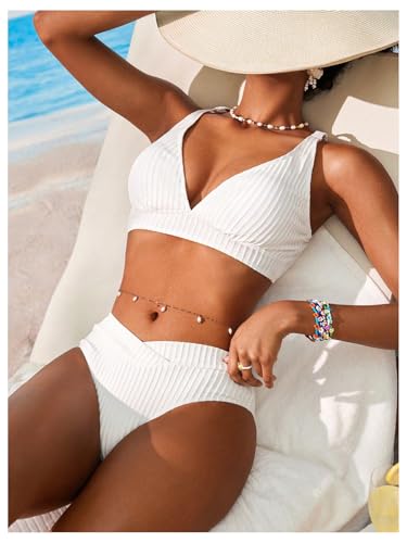 Women's 2 Piece Crossover High Waisted Bikini Set Textured V Neck Bathing Suit Swimsuit3