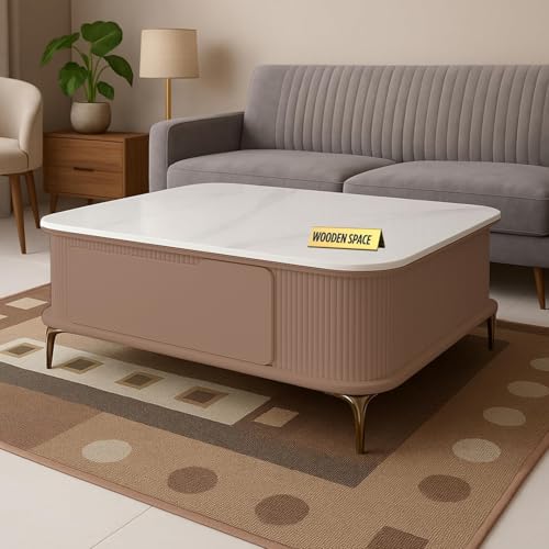 Image of WOODEN SPACE Premium Solo Marble-Top Wooden Center Table for Living Room | Iron Legs | PVD Coating | Modern Entryway Furniture | Coffee Table (Pink)