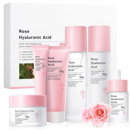 Ensemble de Soins du Visage à la Rose 6 pièces, Skin Care Set,Hydratation Intense, Coffret Soin Visage pour Femmes avec Nettoyant, Toner, Sérum, Crème,...