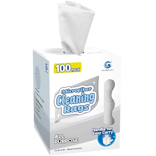 GLIMGLINT White Microfiber Cleaning Cloth 100 Pack Cleaning Rags Lint-Free Ultra Absorbent Reusable Paper Towels for Home Kitchen Car Garage or Shop Dish Rags 11 x 9