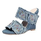 Cocey Damen Keilabsatz Sandalen | 11cm Höhe für Sommerfestivals | Jeansstoff mit Strasssteinen (Blau, 34 EU)