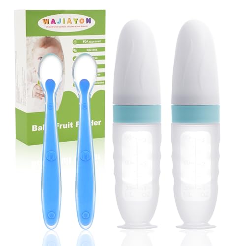 Baby Food Feeder 4 Pack Silicone Baby Food Dispensing Spoon-3 oz Squeeze Feeding Spoons with Suction Cup for Boys Girl Kids Toddlers - Self Feeding Bottle Spoon-Light Blue