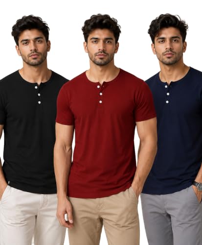 Image of London Hills T Shirt for Man | Men Henley Neck Tshirts | Tshirt Shirts Men | Gym T Shirts for Mens Workout T-Shirts for Man Cotton Stylish Henly Neck T Shirt Half Sleeve Regular Fit Solid Multicolour