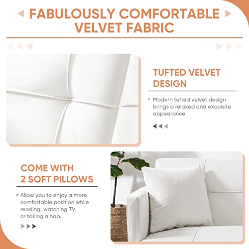 Antetek Convertible Futon Sofa Bed, 69-Inch Modern Tufted Velvet Sleeper Sofa Couch Oversized Loveseat Sofa W/3 Adjustable Positions, 6 Metal Legs And Cup Holder For Living Room Bedroom Office, White #TOP4