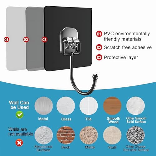 Image of Self Adhesive Wall Hooks Heavy Duty Stainless Steel - Waterproof Oilproof No Drill Hooks for Bathroom, Kitchen, Towel, Clothes, Keys & Hanging Accessories (Black, Pack of 20)