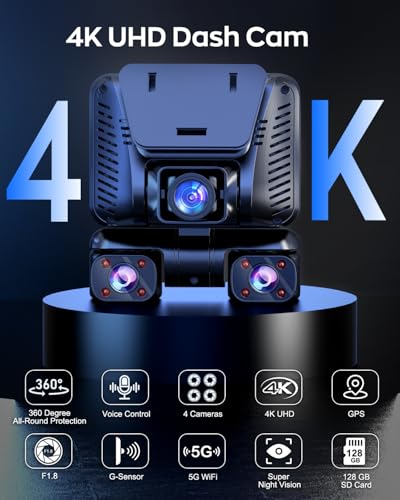 Image of 4K Dash Cam 360 View,4 Channel Front and Rear Dash Camera for Cars,Built-in 5GHz Wi-Fi GPS, Voice Control, Free 128G Card,Night Vision,24H Parking Mode,G-Sensor