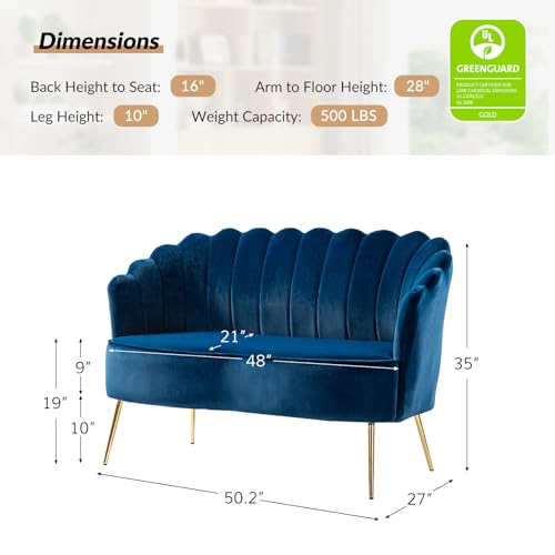 Image of HULALA HOME Modern Velvet Loveseat Sofa with Flower Shaped Back, Comfy Upholstered 2-Seater Sofa with Gold Metal Legs, Small Love Seat Accent Couch for Living Bedroom Leisure Areas, Navy