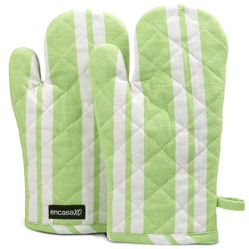 Image of Encasa XO Oven Gloves for Microwave (2 pc Set) - Heat Proof, Thick & Safe | Longer 18x30 cm Mittens for Protection in Kitchen Cooking & Baking - Franca Lime Stripes