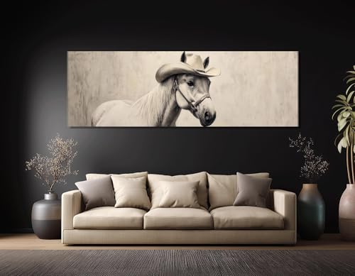 Cheval blanc avec un chapeau de cowboy imprimé sur toile 65x195