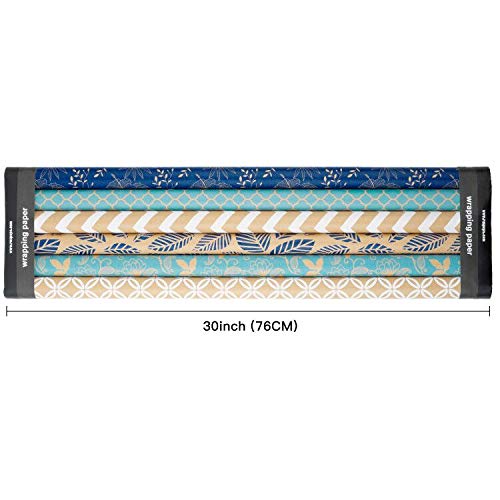 image for RUSPEPA Kraft Wrapping Paper Roll - Multiple Blue and White Patterns G