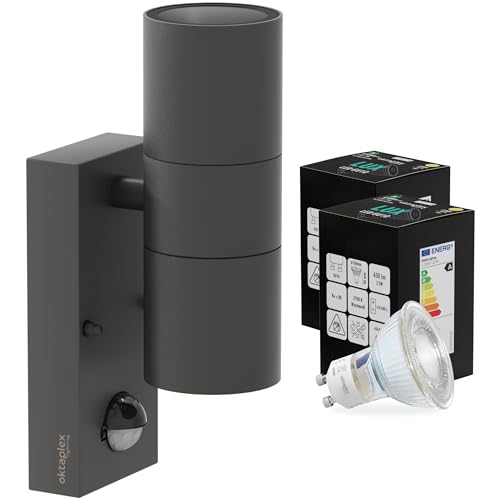 Oktaplex Chile Edelstahl Aussenlampe mit Bewegungsmelder inkl. 2x GU10 2700K warmweiß 450lm Außenleuchte IP44 anthrazit 230V - Energieklasse A