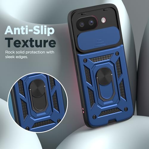 Image of Pikkme Back Cover for Google Pixel 9A | 360 Protection Case | Sliding Camera Shield Cover & Ring Holder Stand D10 Tough Armor Bumper Case (Blue)
