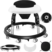 Wnttmt Baby Walker with Wheels, One-Touch Folding Anti-Roll 8-Wheel Baby Walkers, 7-Speed Height Adjustment with Large Dinner Plate and Brake 6-18 Months Baby Walker, Black