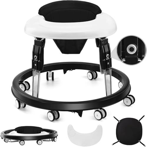 baby walker with wheels one-touch folding anti-roll 8-wheel baby walkers 7-speed height adjustment with large dinner plate and brake 6-18 months baby walker black