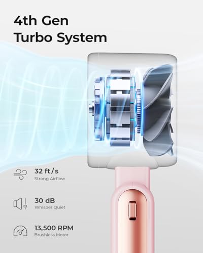 Image of Portable Handheld Turbo Fan - 5 Gear High Speed 4000mAh Rechargeable Mini Personal Hand Fan Blow Cold Air, Battery Operated Travel Essentials, Beach Vacation, Gifts for Women, Men (Pink)