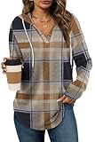 Bofell Womens Tops Fall Trendy 2025 Hoodies for Women Pullover Oversized Sweatshirt Long SLeeve Shirts for Women Holiday Outfits Plaid Coffee 2XL