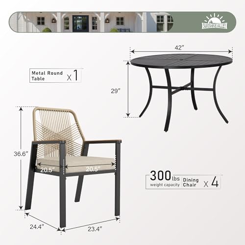 Image of 5 Pieces Patio Dining Set, 4 x Woven Rattan Chairs with Waterproof Cushion, 42 inch Metal Round Dining Table with Umbrella Hole, Outdoor Table and Chairs Set for Backyard Lawn and Deck, Beige